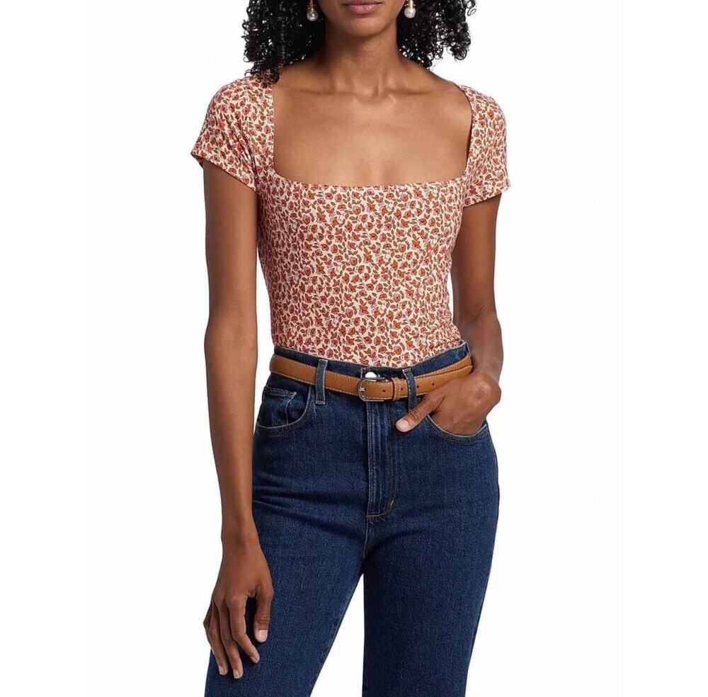 NWT Reformation Ditzy Floral Red and Orange Square Neck Blouse Top Size XL
